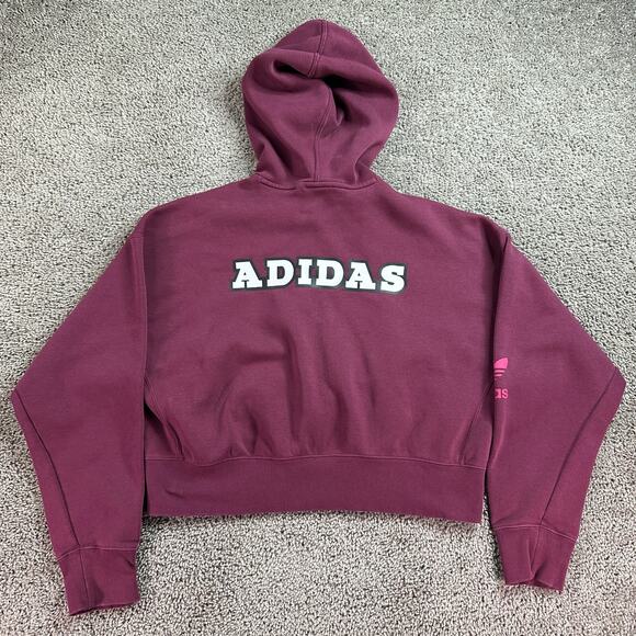 Adidas Trefoil Hoodie Womens Medium Burgundy Red Logo Play Cropped Sweatshirt * - Picture 9 of 13